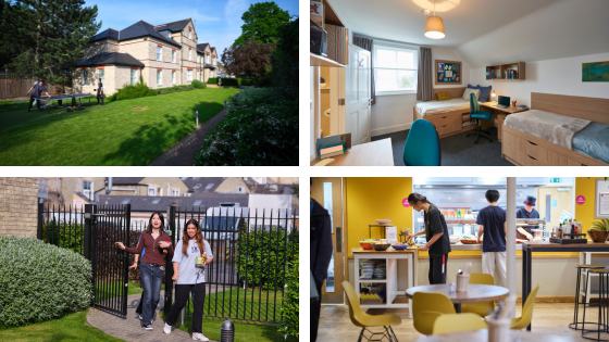 Images of the boarding house, a boarding room, the dining room and a common room