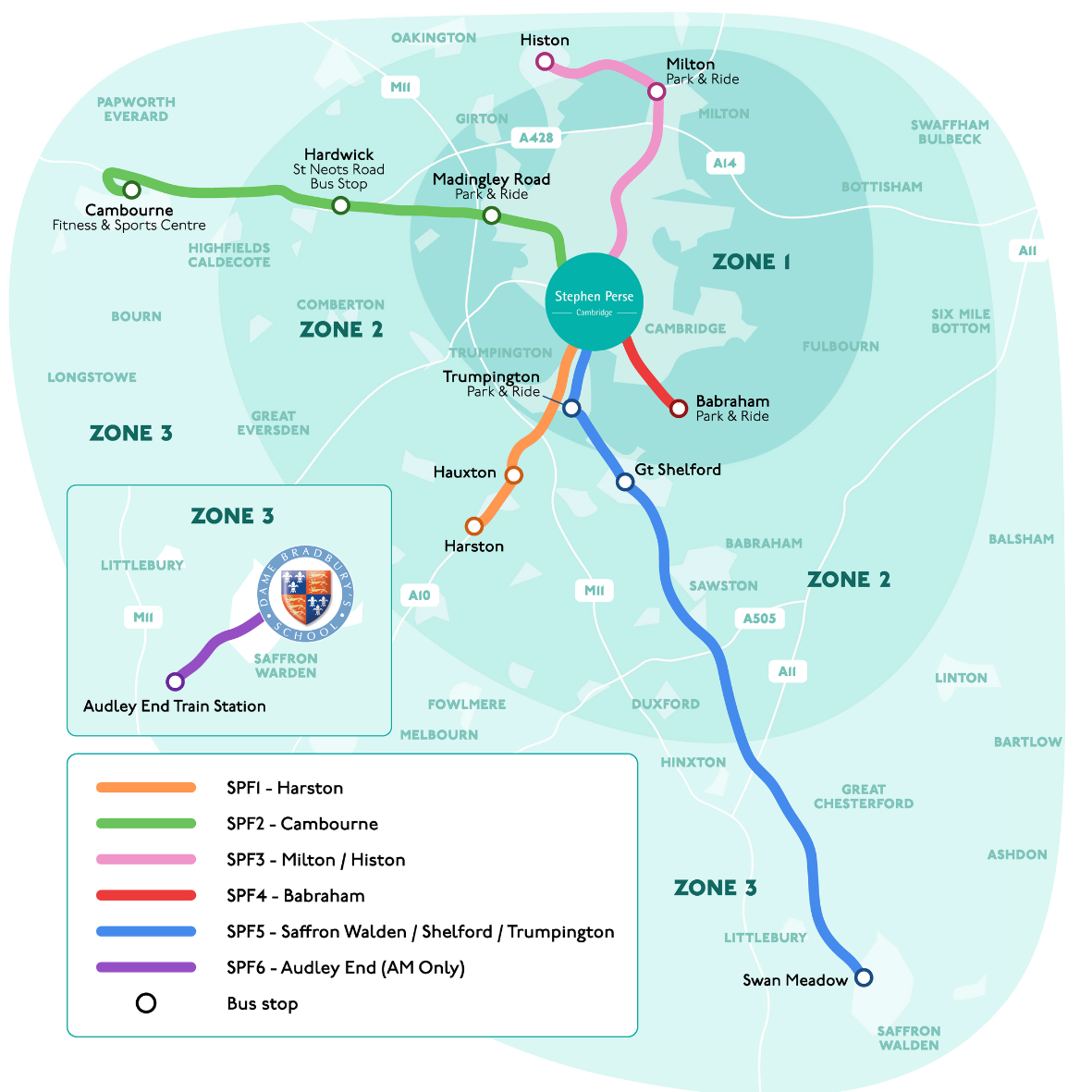 Map of the Stephen Perse Cambridge Home to School Transport